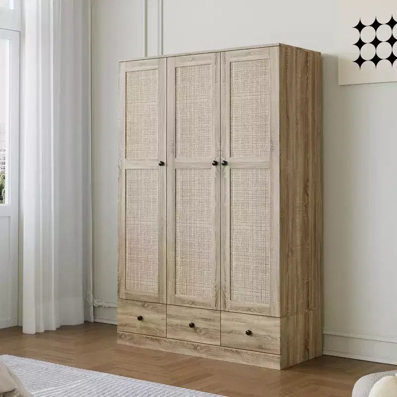 Armadio in rattan Famapy con 3 cassetti, guardaroba con 3 ante in rattan traspirante, armadio alto in stile rustico per camera da letto