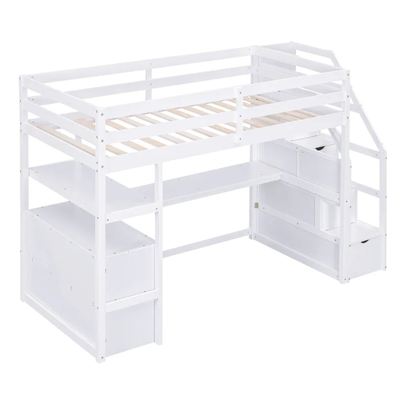 Lit mezzanine une place avec bureau et étagères, deux tiroirs intégrés et escalier de rangement