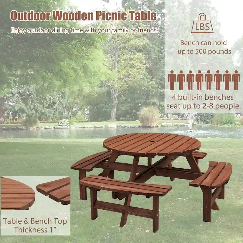 Ensemble de pique-nique et repas rond pour terrasse extérieure en bois de sapin, 8 personnes, avec 4 bancs intégrés et trou pour parasol