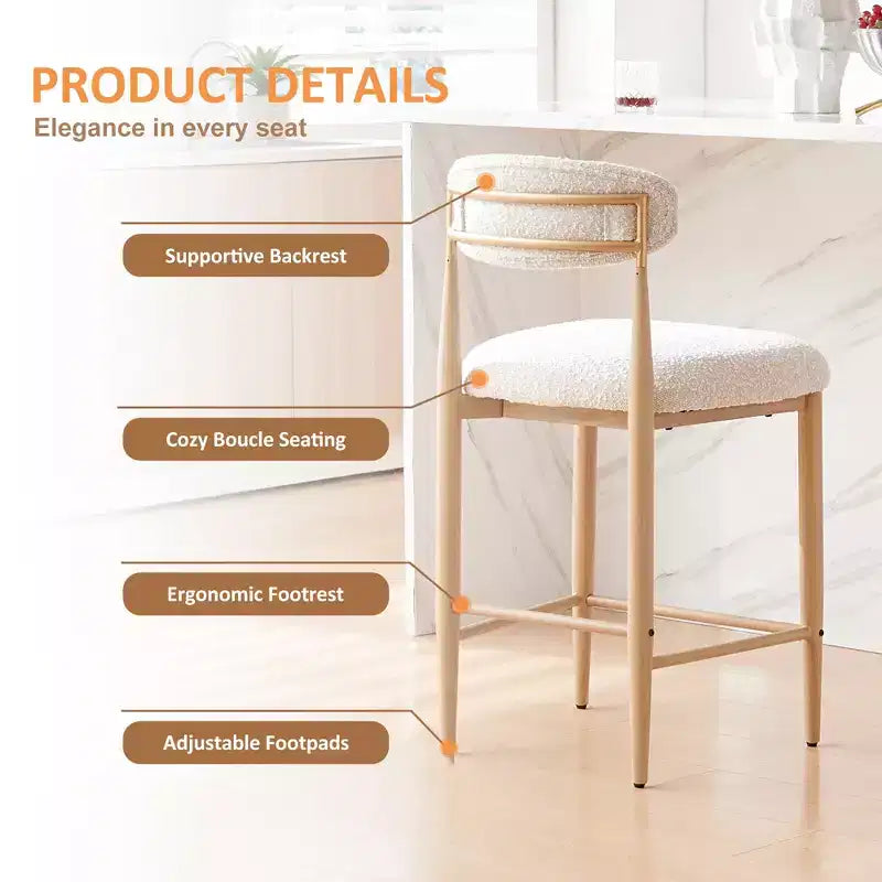 Ensemble de 4 tabourets de bar sans accoudoirs en bouclé, pieds en métal effet bois pour cuisine, salon, restaurant ou café – Morden Fort
