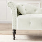 Chaise longue moderna da 60,6" in velluto con bottoni trapuntati, gambe in legno massello e borchie decorative