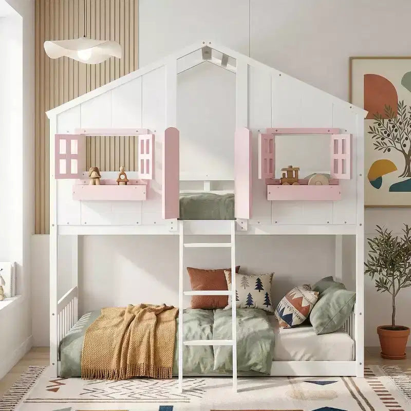 Letto a soppalco matrimoniale singolo a forma di casetta, letto rialzato in legno tipo casetta con scaletta e sponde di sicurezza per bambini