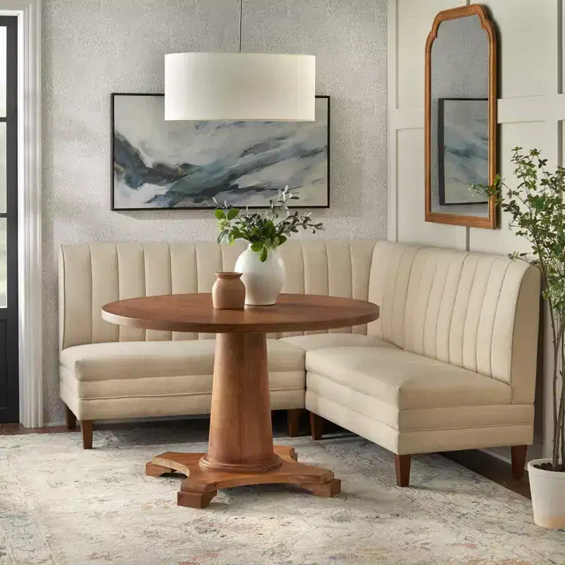 Set da pranzo Lifestorey Kerrington da 4 pezzi con banquette con schienale trapuntato, noce/crema: tessuto effetto lino, tavolo con base a piedistallo