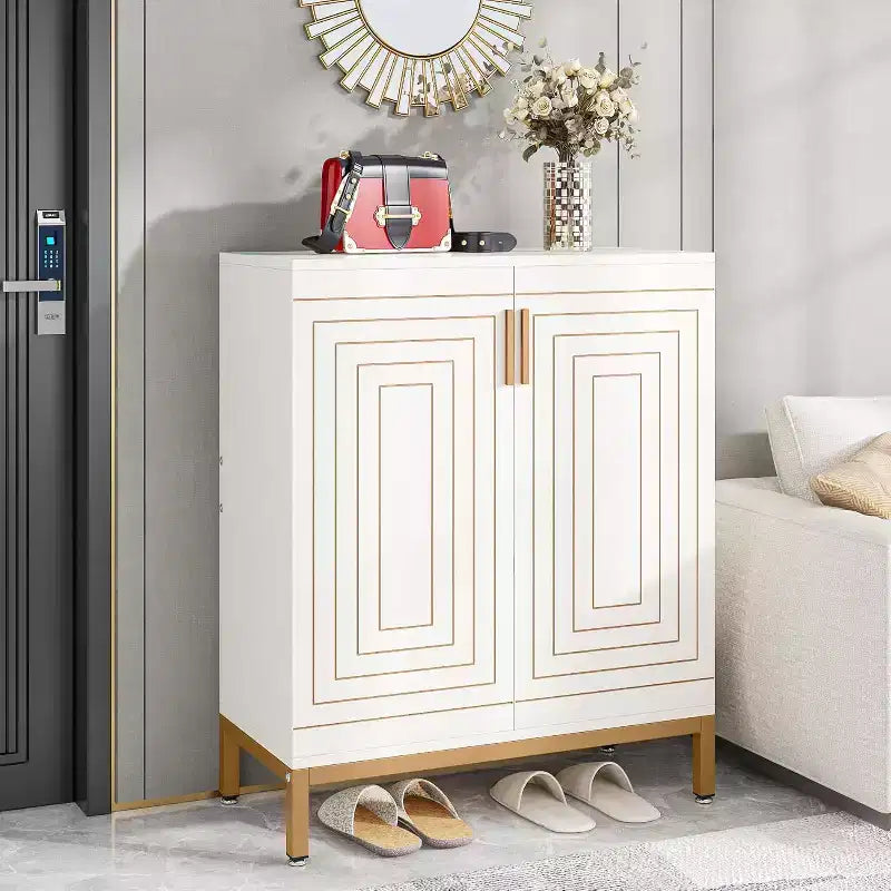 Meuble à chaussures pour 20 paires, meuble de rangement moderne à 6 niveaux avec portes, organiseur d’entrée autoportant, blanc et doré