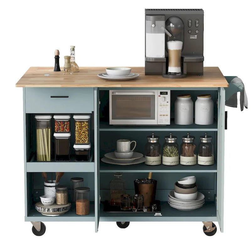 Isola da cucina con piano di lavoro pieghevole, carrello portaoggetti da cucina con ripiano estraibile, portasciugamani e cassetto, ruote girevoli