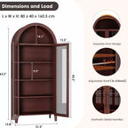 Mobiletto contenitore alto ad arco con ante in vetro, libreria espositiva a 5 ripiani con mensole regolabili per cucina o soggiorno