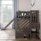 Letto basso rialzato singolo per bambini con scivolo e scaletta, in legno massello, 14 sponde di sicurezza, portata di 400 lb