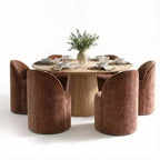 Ensemble de table à manger moderne pour 6 personnes, table ronde à piètement central, fauteuils tonneau pivotants à roulettes, chenille texturée - Panipeachy