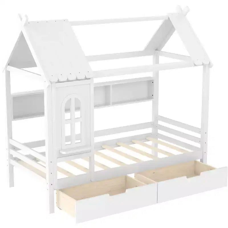 Haus-Hochbett mit Aufbewahrungsschubladen und Fenster, Rahmen aus Massivholz mit Regalen, kindlich-verspieltes Design, helles Weiß