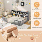 Letto a pavimento Montessori Twin/Full con libreria, ripiani contenitore e sponde di sicurezza, bianco/grigio