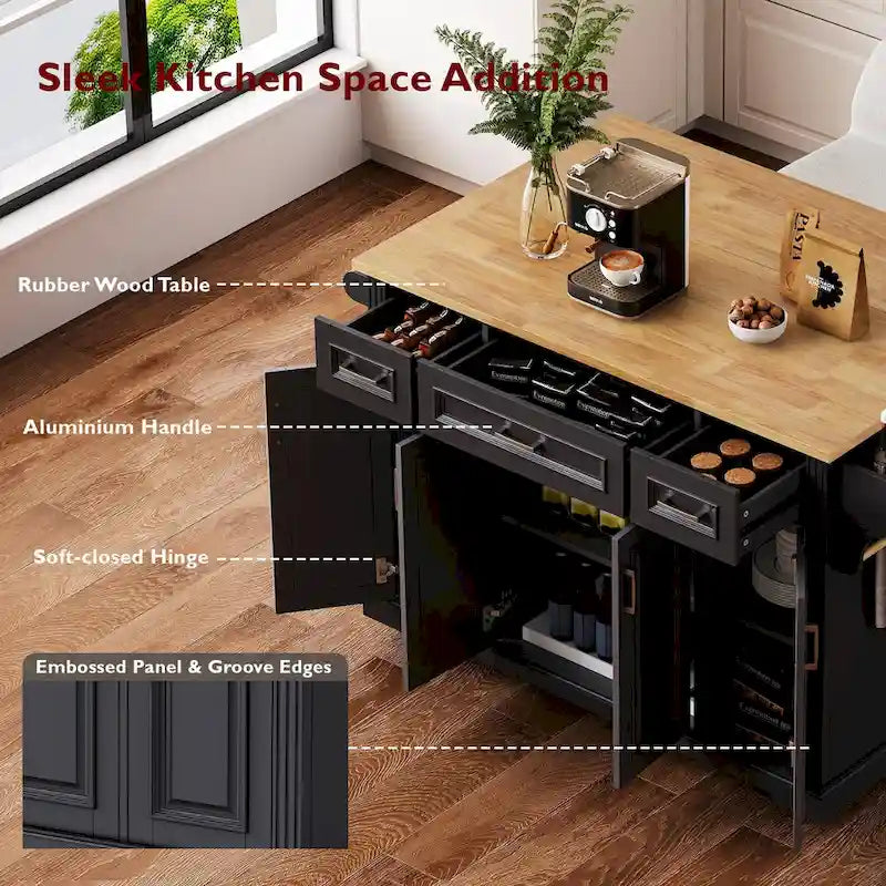 54 Îlot de cuisine grand format avec rallonge rabattable en bois d’hévéa, desserte de cuisine roulante à texture gaufrée sur 4 roulettes avec 4 portes et 3 tiroirs