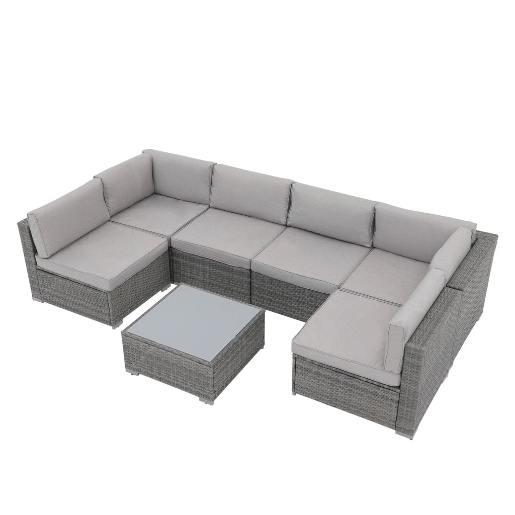Ensemble de canapé modulaire d’extérieur rembourré en osier et acier, 7 pièces