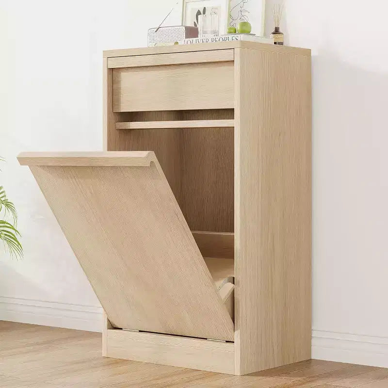 Poubelle inclinable en chêne naturel avec rangement et tiroir, meuble cache-poubelle, panier à linge pour cuisine, salle à manger et salon