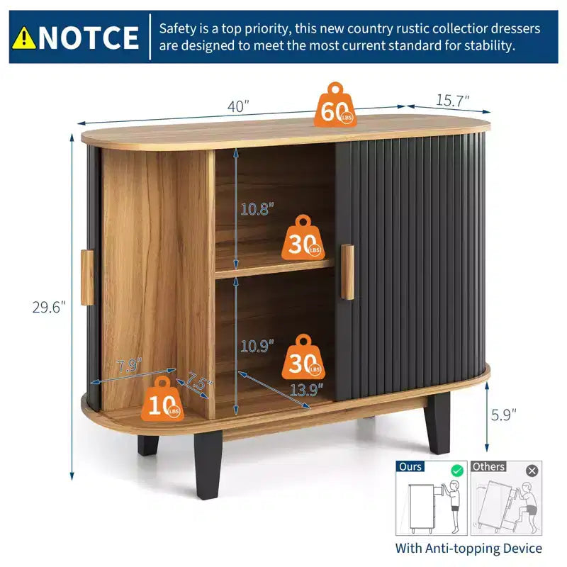 Credenza a doghe da 40", mobile contenitore con anta scorrevole e ripiano regolabile, credenza moderna, tavolo consolle da bar a tamburo