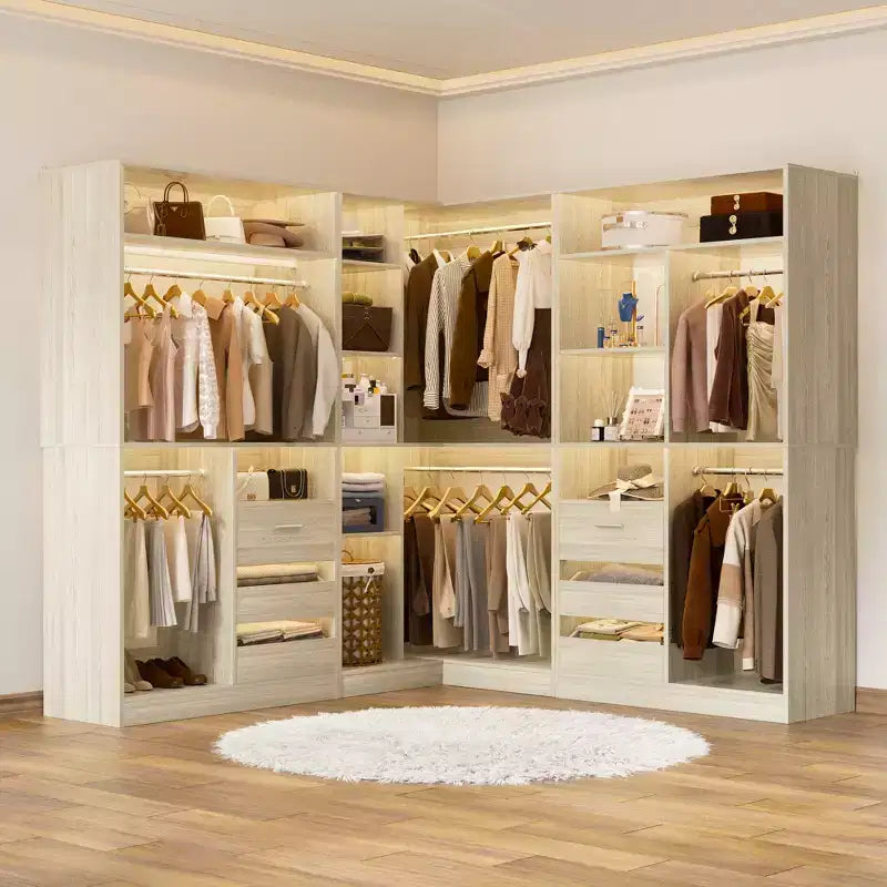 Ensemble Besiost de 3 éléments pour dressing d’angle avec étagères en colonne et tiroirs, organisateur de dressing autoportant avec tringles