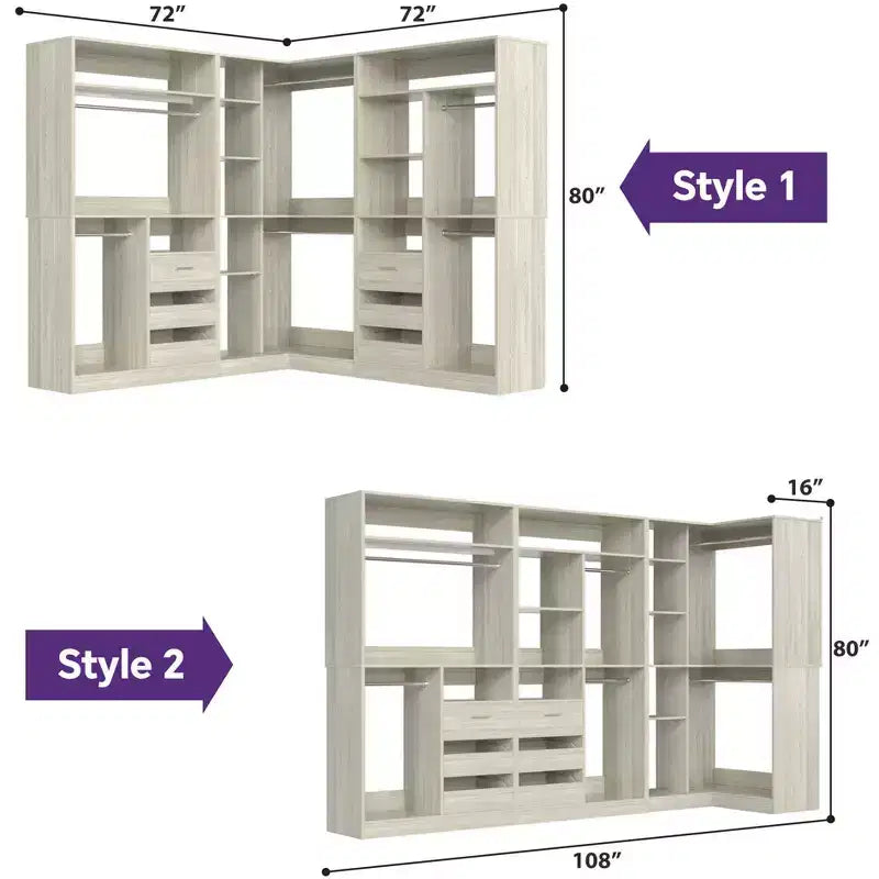 Ensemble Besiost de 3 éléments pour dressing d’angle avec étagères en colonne et tiroirs, organisateur de dressing autoportant avec tringles