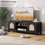Meuble TV de style bohème de 65 pouces avec porte en rotin – meuble de divertissement en bois avec deux armoires et des étagères réglables, idéal pour les salons
