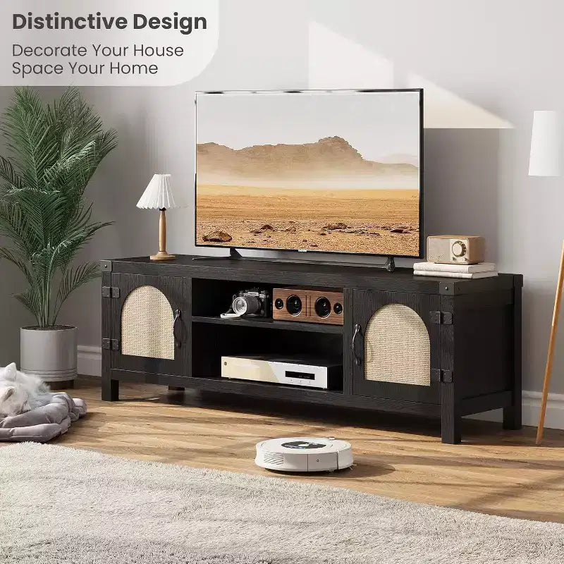 Meuble TV de style bohème de 65 pouces avec porte en rotin – meuble de divertissement en bois avec deux armoires et des étagères réglables, idéal pour les salons