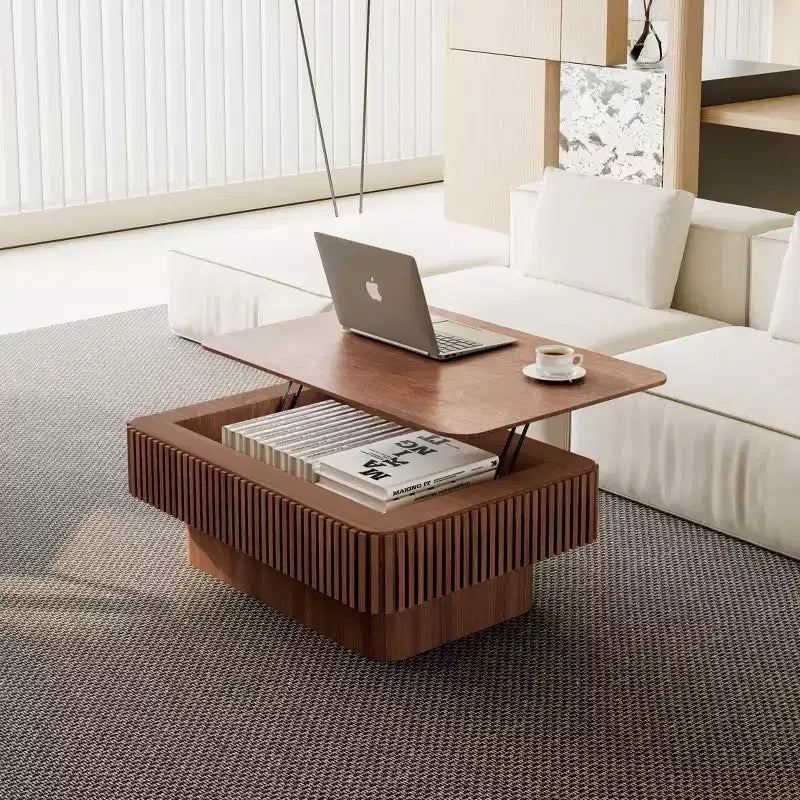Tavolino da salotto JVNOXK da 38.6' con piano sollevabile scanalato e spazio contenitore, impiallacciatura in legno massello, altezza regolabile, tavolo moderno d'accento per soggiorno e camera da letto, noce