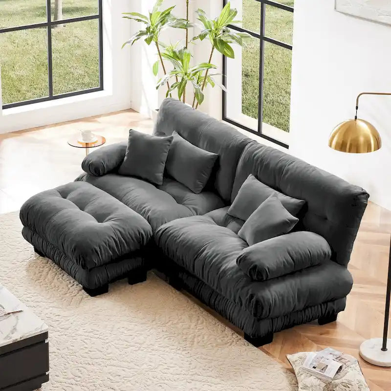 Canapé deux places modulable en L en chenille avec coussins lombaires