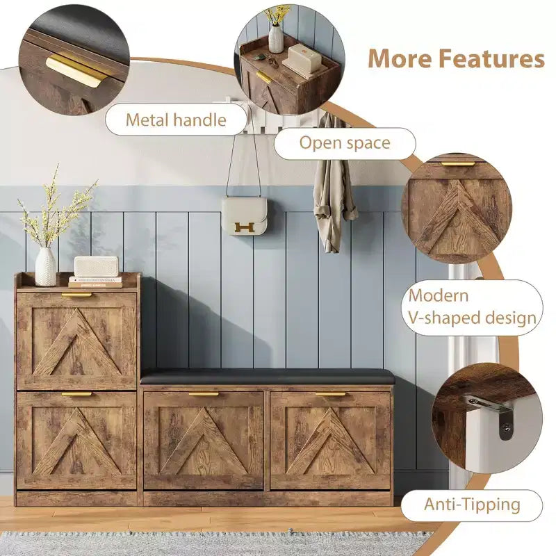 Meuble à chaussures de style maison de campagne avec banc, 4 tiroirs basculants, organisateur de rangement pour chaussures d’entrée avec assise rembourrée confortable, banc à chaussures autoportant