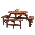 Ensemble de pique-nique et repas rond pour terrasse extérieure en bois de sapin, 8 personnes, avec 4 bancs intégrés et trou pour parasol
