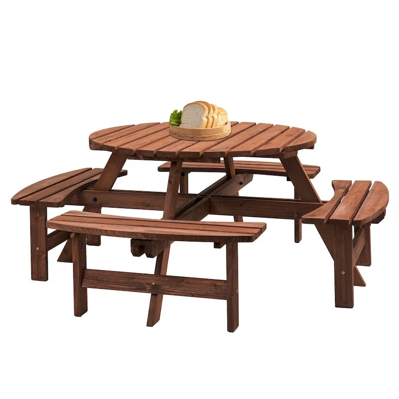 Ensemble de pique-nique et repas rond pour terrasse extérieure en bois de sapin, 8 personnes, avec 4 bancs intégrés et trou pour parasol
