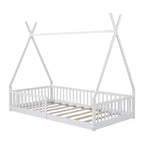 Floor Bed for Kids, Twin Size Tent Beds, Montessori Floor Bed with Slats and Fence Rails, Wood House Bed Frame for Boys Girls