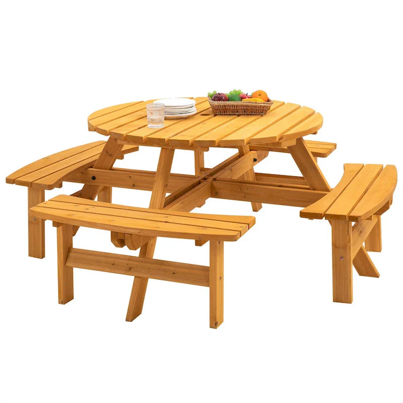 Ensemble de pique-nique et repas rond pour terrasse extérieure en bois de sapin, 8 personnes, avec 4 bancs intégrés et trou pour parasol
