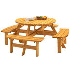 Ensemble de pique-nique et repas rond pour terrasse extérieure en bois de sapin, 8 personnes, avec 4 bancs intégrés et trou pour parasol