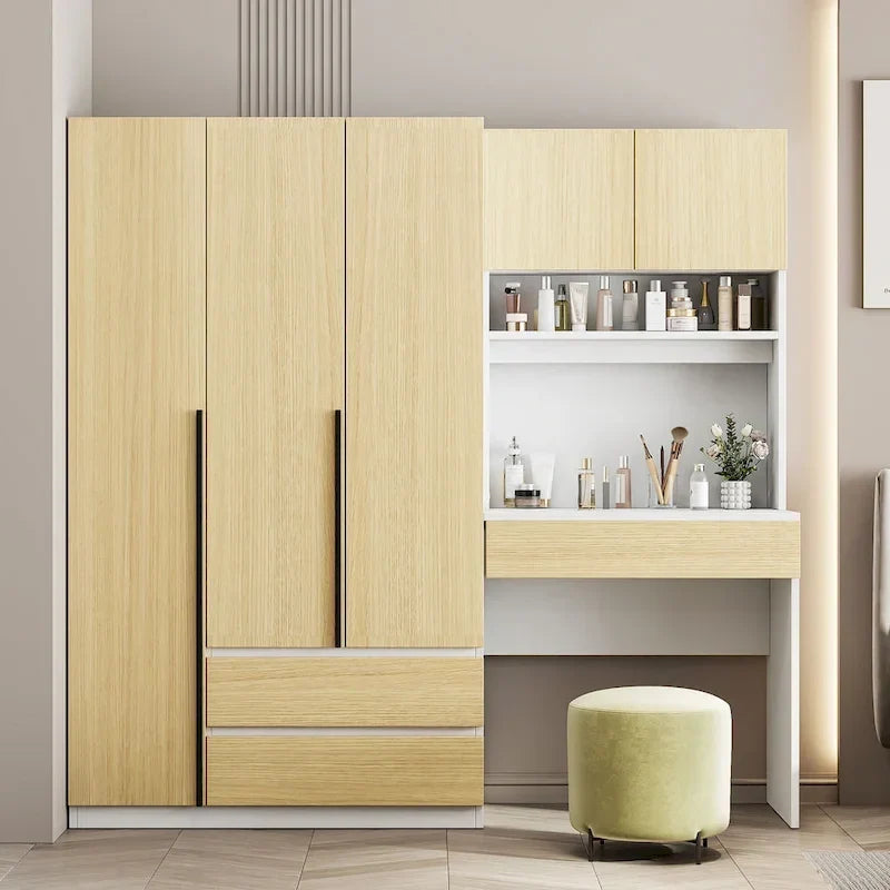 Armoire 3-en-1 avec coiffeuse, ensemble bureau, armoire de chambre avec 2 tiroirs, 3 portes et espace de rangement