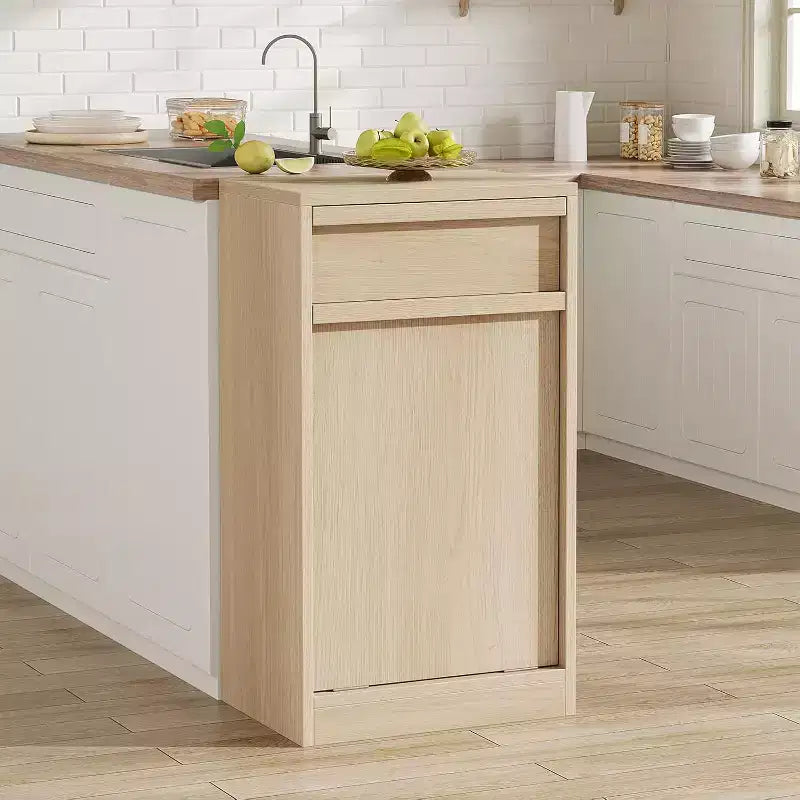 Poubelle inclinable en chêne naturel avec rangement et tiroir, meuble cache-poubelle, panier à linge pour cuisine, salle à manger et salon