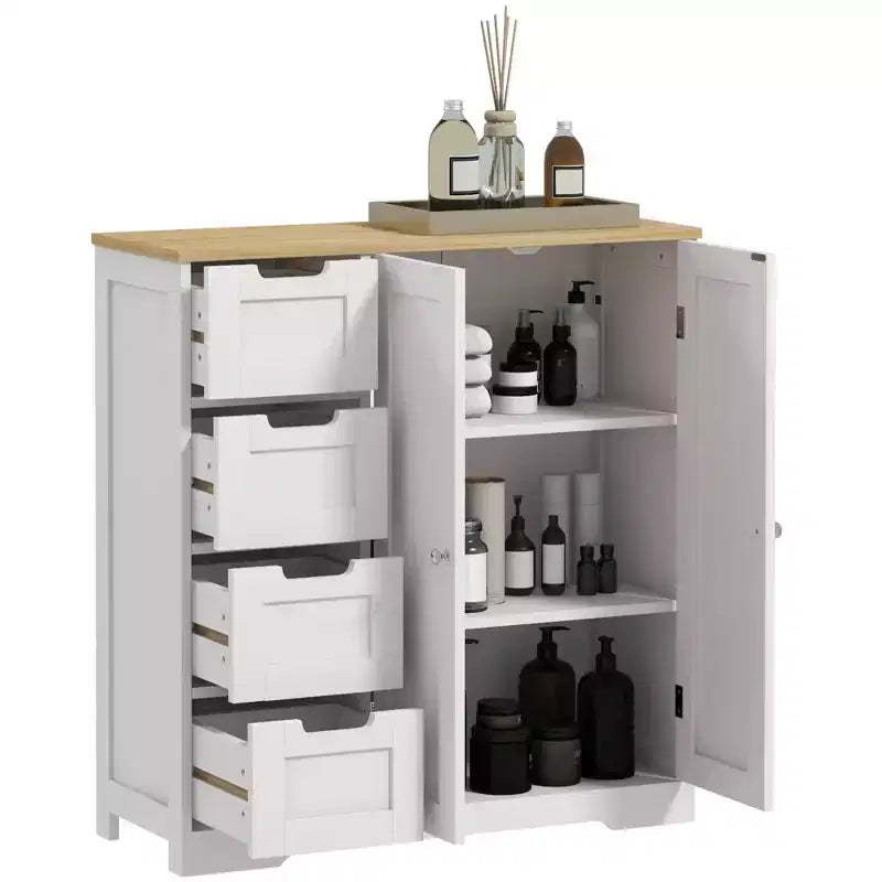 HOMCOM Mobiletto da bagno da pavimento con ripiano regolabile, mobile contenitore da bagno indipendente con 4 cassetti e 2 ante, bianco