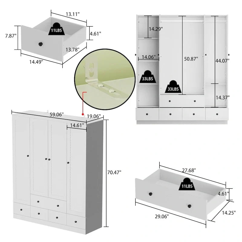 Wardrobe Armoire Closet 59W Large Freestanding Wardrobe Cabinet White