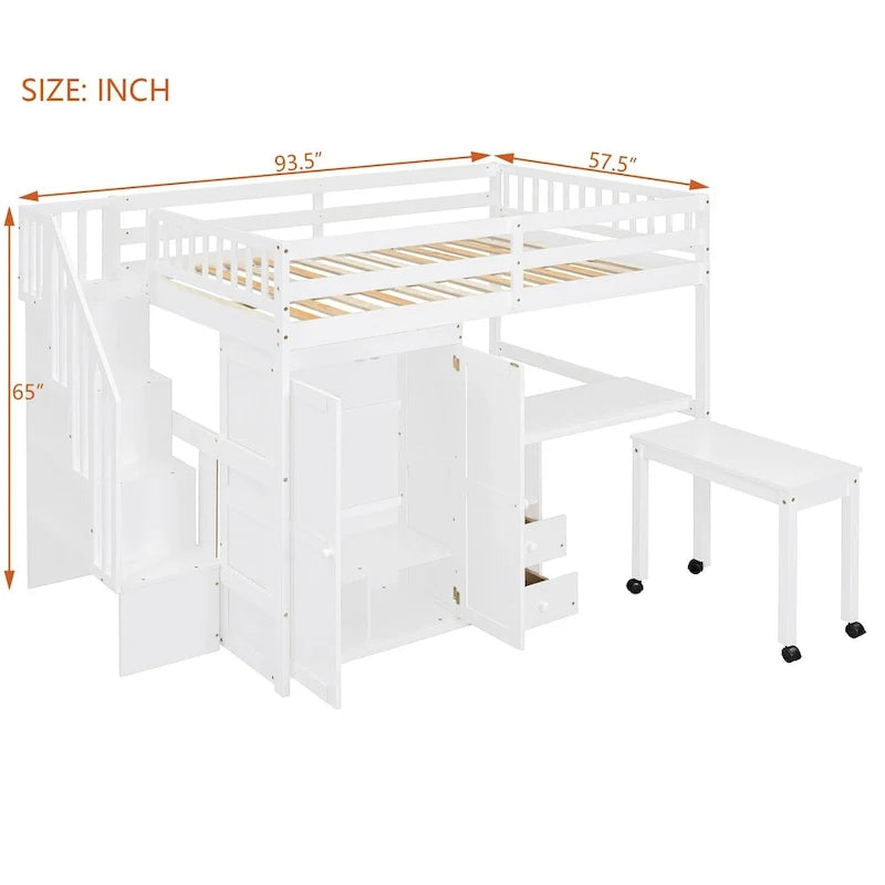 Letto a soppalco matrimoniale con scale, libreria, scrivania e guardaroba, mobile multifunzionale salvaspazio per bambini e ragazzi - bianco
