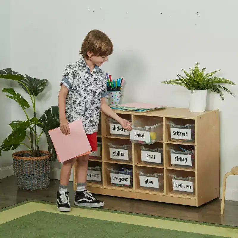 Mobiletto mobile con vassoi e 15 contenitori frontali a vaschetta, 3x4, arredo per bambini