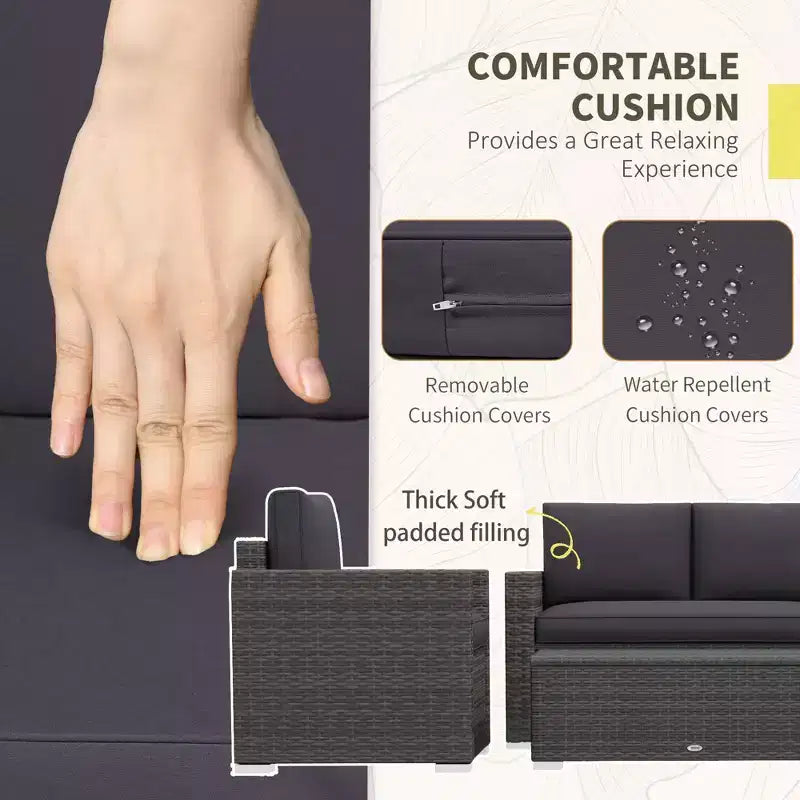 Set da giardino in rattan da 4 pezzi, set da patio in vimini con divanetto, sedie e tavolino da caffè con piano in vetro