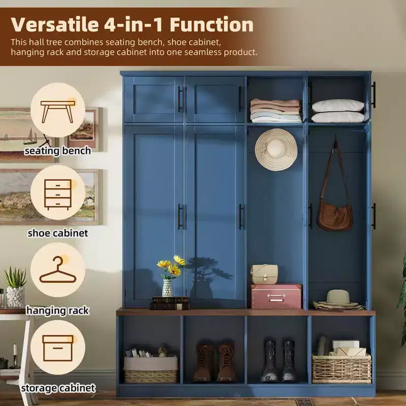 Mobile da ingresso blu in stile rustico The Misty Moon con 4 ganci appendiabiti nascosti e versatile panca in noce con 8 ante
