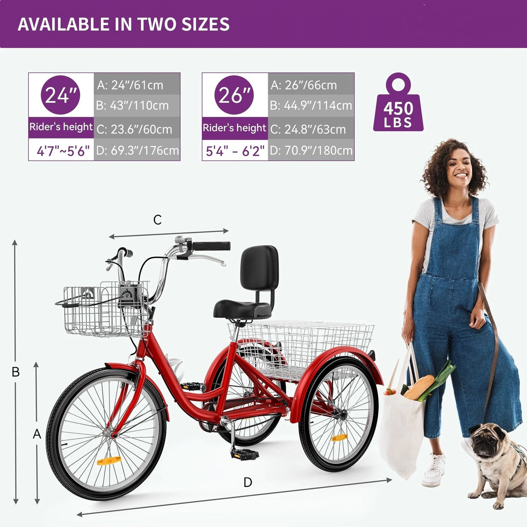 26 Blue Adult Tricycle 3 Wheel Bikes with Removable Baskets