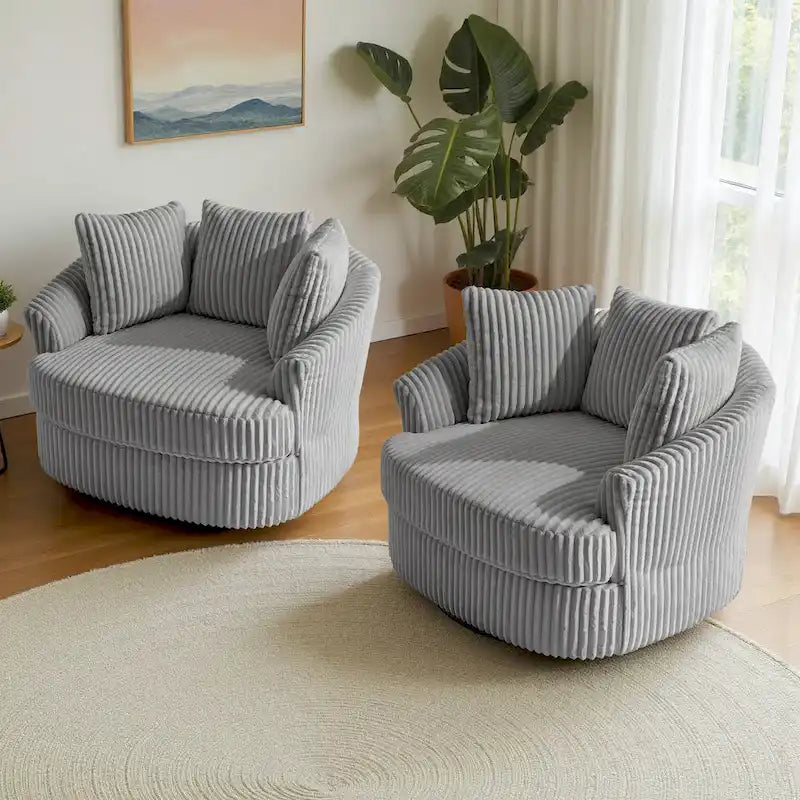 2er-Set übergroße 43 W Plüsch-Cordsessel mit Drehfunktion und Kissen