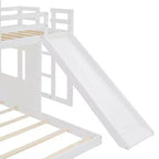 Lit superposé en bois Luxystar avec couchage supérieur une place et inférieur deux places, maisonnette, toboggan et barrières de sécurité
