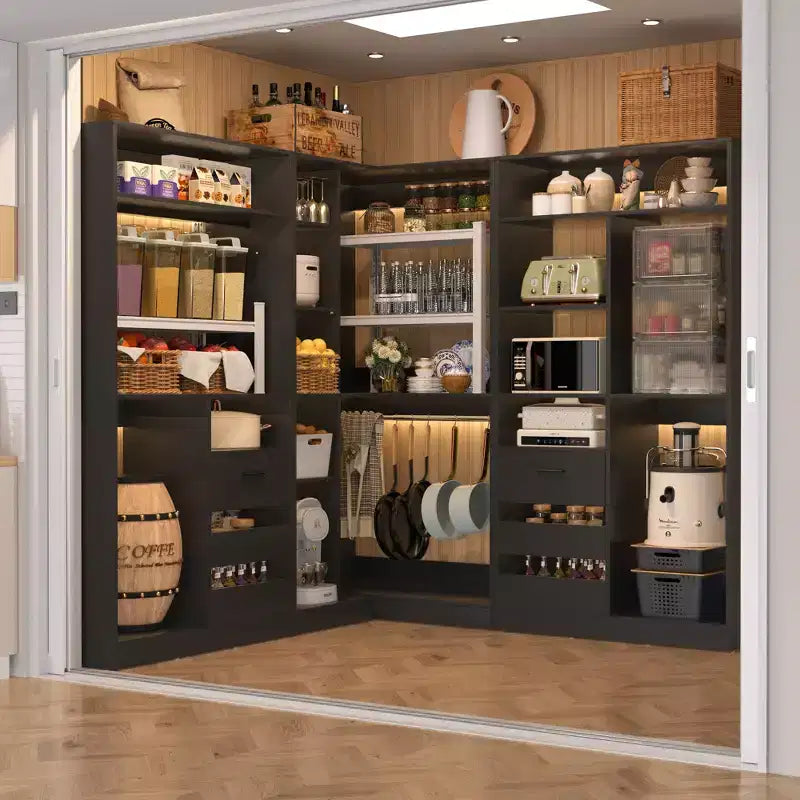 Ensemble Besiost de 3 éléments pour dressing d’angle avec étagères en colonne et tiroirs, organisateur de dressing autoportant avec tringles