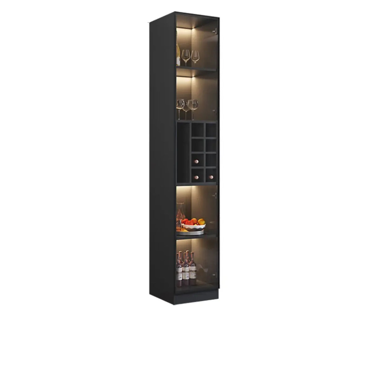 Credenza portabottiglie minimalista in legno nero con anta in vetro
