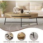 Table basse ovale Acekool avec tiroir, table de rangement en bois de 47,2 avec pieds en métal croisés, table centrale moderne du milieu du siècle en finition bois naturel et saule doré