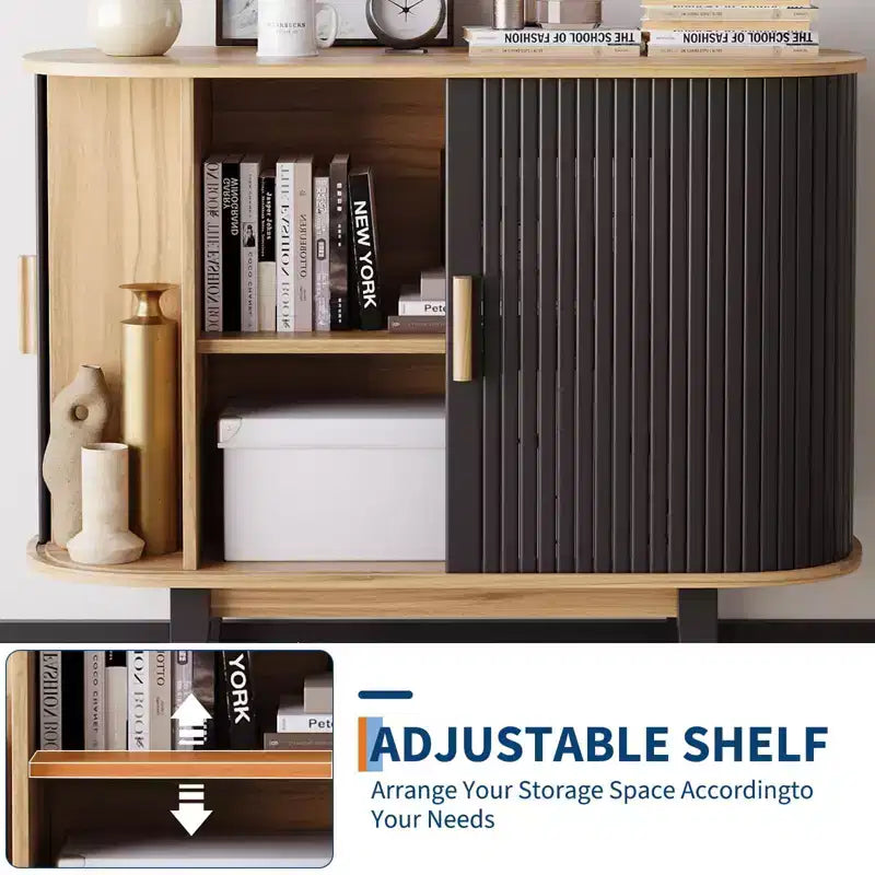 Credenza a doghe da 40", mobile contenitore con anta scorrevole e ripiano regolabile, credenza moderna, tavolo consolle da bar a tamburo