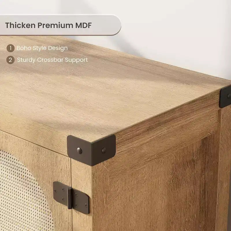 Meuble TV de style bohème de 65 pouces avec porte en rotin – meuble de divertissement en bois avec deux armoires et des étagères réglables, idéal pour les salons