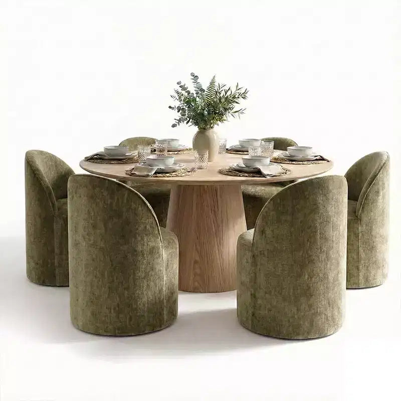 Ensemble de table à manger moderne pour 6 personnes, table ronde à piètement central, fauteuils tonneau pivotants à roulettes, chenille texturée - Panipeachy