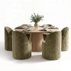 Ensemble de table à manger moderne pour 6 personnes, table ronde à piètement central, fauteuils tonneau pivotants à roulettes, chenille texturée - Panipeachy