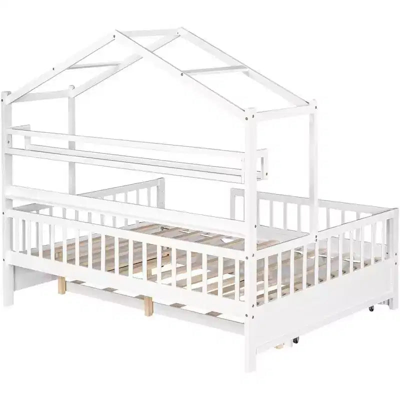 Struttura letto a casetta Acekool matrimoniale con letto estraibile singolo, cassetti contenitore e ripiani, tetto e recinzione, letto a piattaforma per bambini, bianco