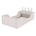 Letto a piattaforma singolo Whisen, struttura imbottita per letto a terra per bambini con cuscino a forma di coniglio e sponde laterali rimovibili